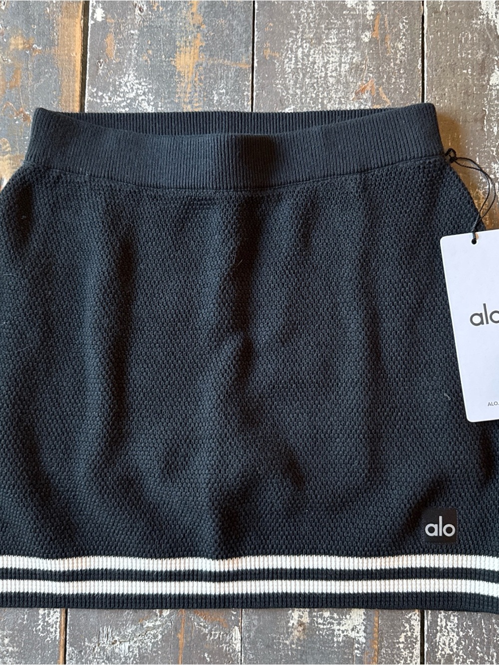 ALO Yoga Black Knit Mini Skirt with White Stripe Hem
